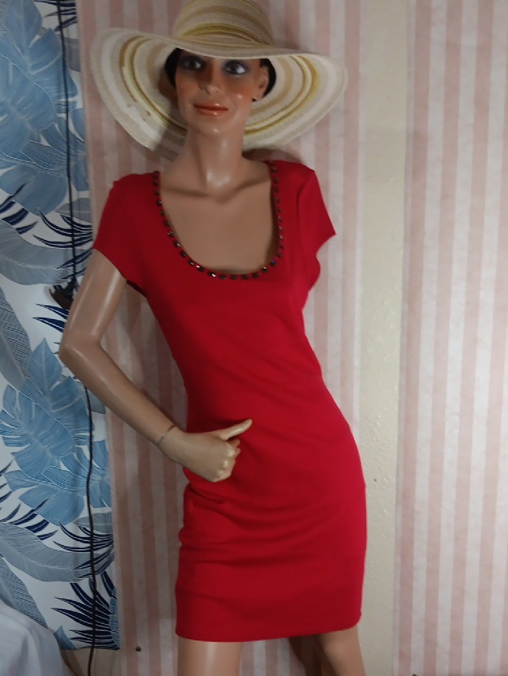 INC International Concepts Red Scoop Neck Mini Dress with Beaded Trim